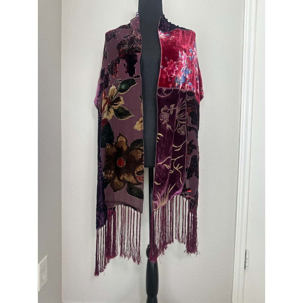 Chico's Silk Blend Burnout Velvet Scarf Wrap Womens OS Purple Burgundy Patchwork
